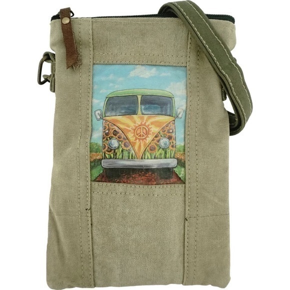 Vintage Foundry Peace Van Hippie Khaki Canvas Crossbody Bag New - Picture 1 of 8
